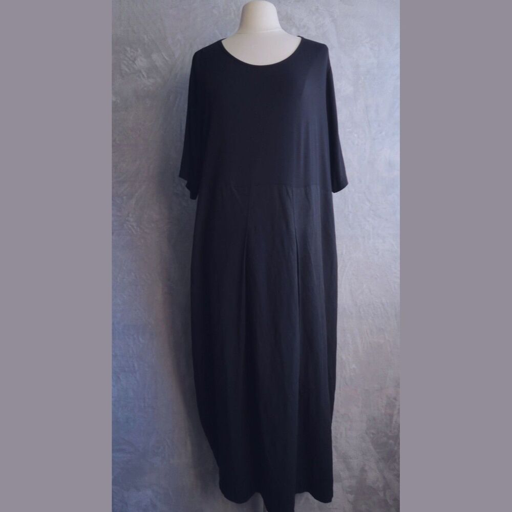 ISOLDE ROTH Black Mixed Media Maxi Dress Size 22/24 Lagenlook Linen Lantern Hem